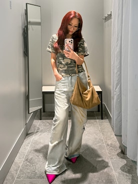 「Didot.showroom（ディドット ショールーム）の【DIDOT.】ワッフルカモフラT（Tシャツ/カットソー、ベージュ系）」を使った、HARUYOさん（レディース・157cm）の夏コーディネート