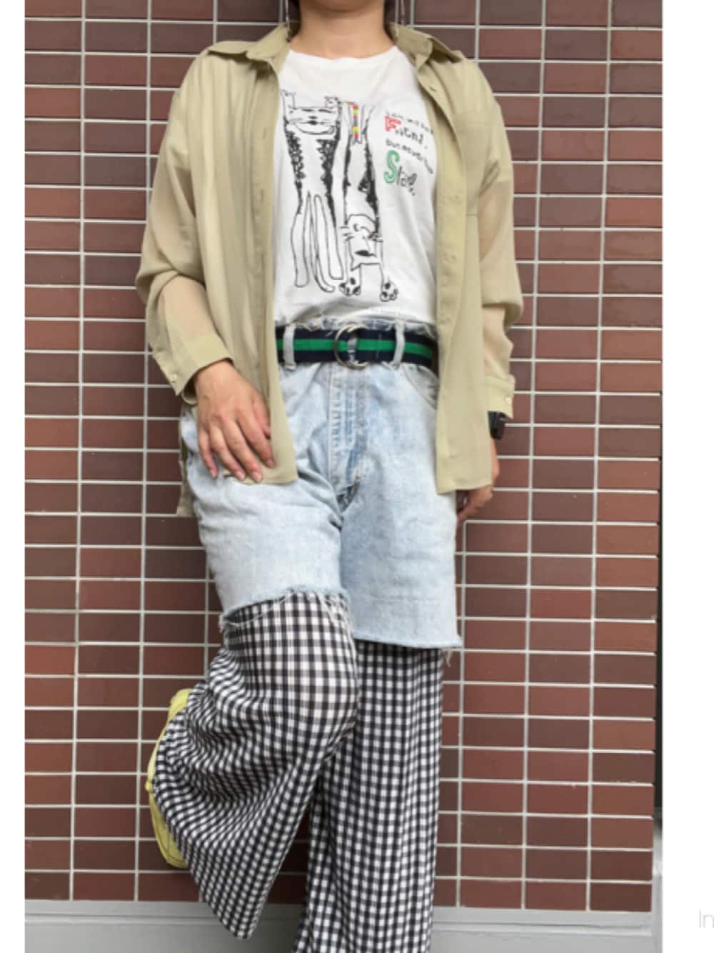 「大人カジュアル、春夏コーデ、レイヤードスタイル、ロングピアス、シアーシャツ、プリントT、白Tシャツ、ショートパンツ、デニム、ギンガムチェック、プリーツパンツ、柄パンツ、ダッドスニーカー、厚底スニーカー、スニーカー」｜「yuu.のアイテム（ピアス（両耳用）、シルバー系）」を使った、猫山さん（レディース・161cm）の春コーディネートの1枚目の写真