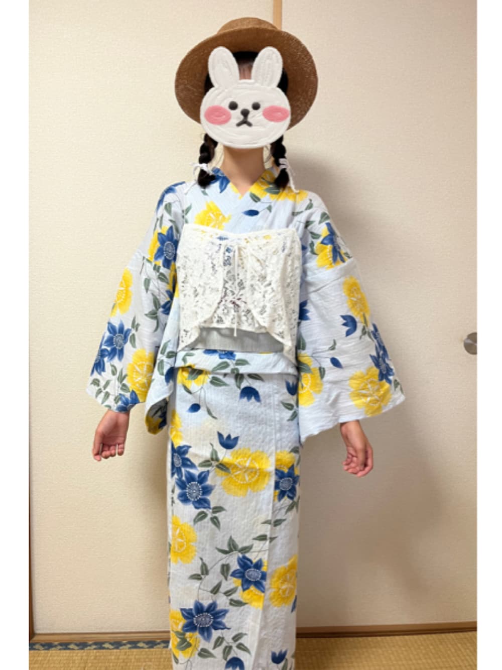 「大人カジュアル、夏コーデ、休日スタイル、お出かけコーデ、浴衣、浴衣女子、レース、ビスチェ、キャミソール、麦わら帽子、カンカン帽」｜「Green　Parksの・サーモリボンカンカンハット＊★（ハット、イエロー系）」を使った、猫山さん（レディース・161cm）の夏コーディネートの1枚目の写真