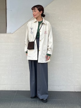 「アイテム（カバーオール）」を使った、本橋さん（レディース・154cm）の秋コーディネート