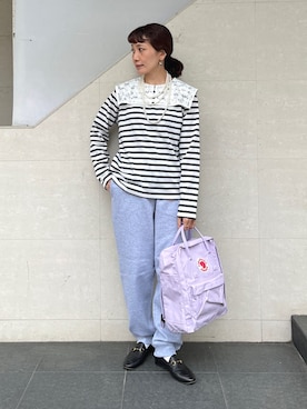 「SHIPS any（シップス エニィ）のSHIPS any:〈洗濯機可能〉マリンボーダー レース 襟 プルオーバー（Tシャツ/カットソー、ブルー系）」を使った、本橋さん（レディース・154cm）の春コーディネート