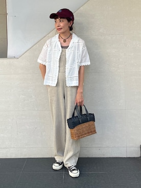 「アイテム（サロペット/オーバーオール、ベージュ系）」を使った、本橋さん（レディース・154cm）の秋コーディネート