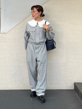 「アイテム（つなぎ/オールインワン、グレー系）」を使った、本橋さん（レディース・154cm）の秋コーディネート