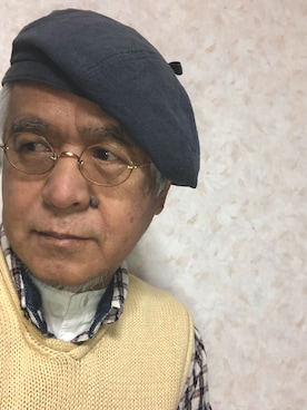 「ノーカラーシャツ」｜「アイテム（ハンチング/ベレー帽）」を使った、しまうまおじさんさん（メンズ・165cm）の冬コーディネート