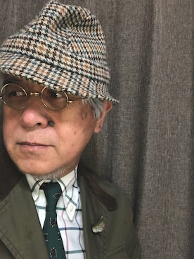「ハット」｜「アイテム（カバーオール）」を使った、しまうまおじさんさん（メンズ・165cm）の春コーディネート