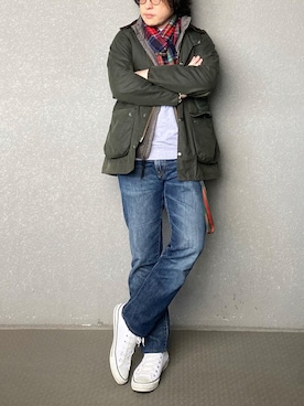 「チェックマフラー」｜「アイテム（ミリタリージャケット）」を使った、bdyoshiさん（メンズ・167cm）の冬コーディネート