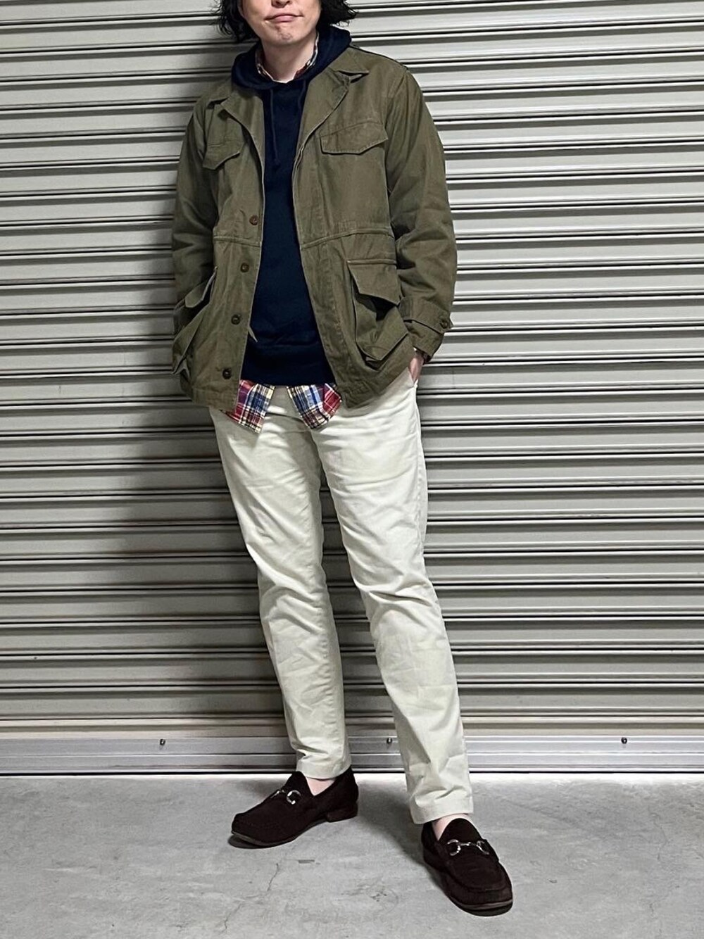 「メンズコーデ、オトナカジュアル、大人カジュアル、大人コーデ、m47、ラルフローレン、Ralph Lauren、GUCCI、チェックシャツ、パーカー、チノパン、bdyoshi、インスタフォローしてね！、いいね、save、フォローお願いします🤑、フランス軍」｜「カシミヤニットパーカーのアイテム（ニット/セーター、ブルー系）」を使った、bdyoshiさん（メンズ・167cm）の春コーディネートの1枚目の写真