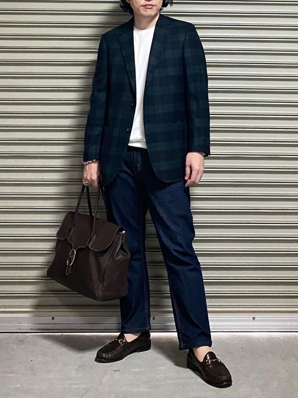 「オトナカジュアル、今日のコーデ、シンプル、シンプルコーデ、おしゃれさんと繋がりたい、秋服、カジュアル、ブラックウォッチ、ブルックスブラザーズ、ジャケパン、cisei、ローファー、いいね、save、フォローお願いします🤑、インスタフォローしてね！」｜「CiseiのCisei #983LD フラップ付きトートバッグ（トートバッグ、ブルー系）」を使った、bdyoshiさん（メンズ・167cm）の秋コーディネートの1枚目の写真