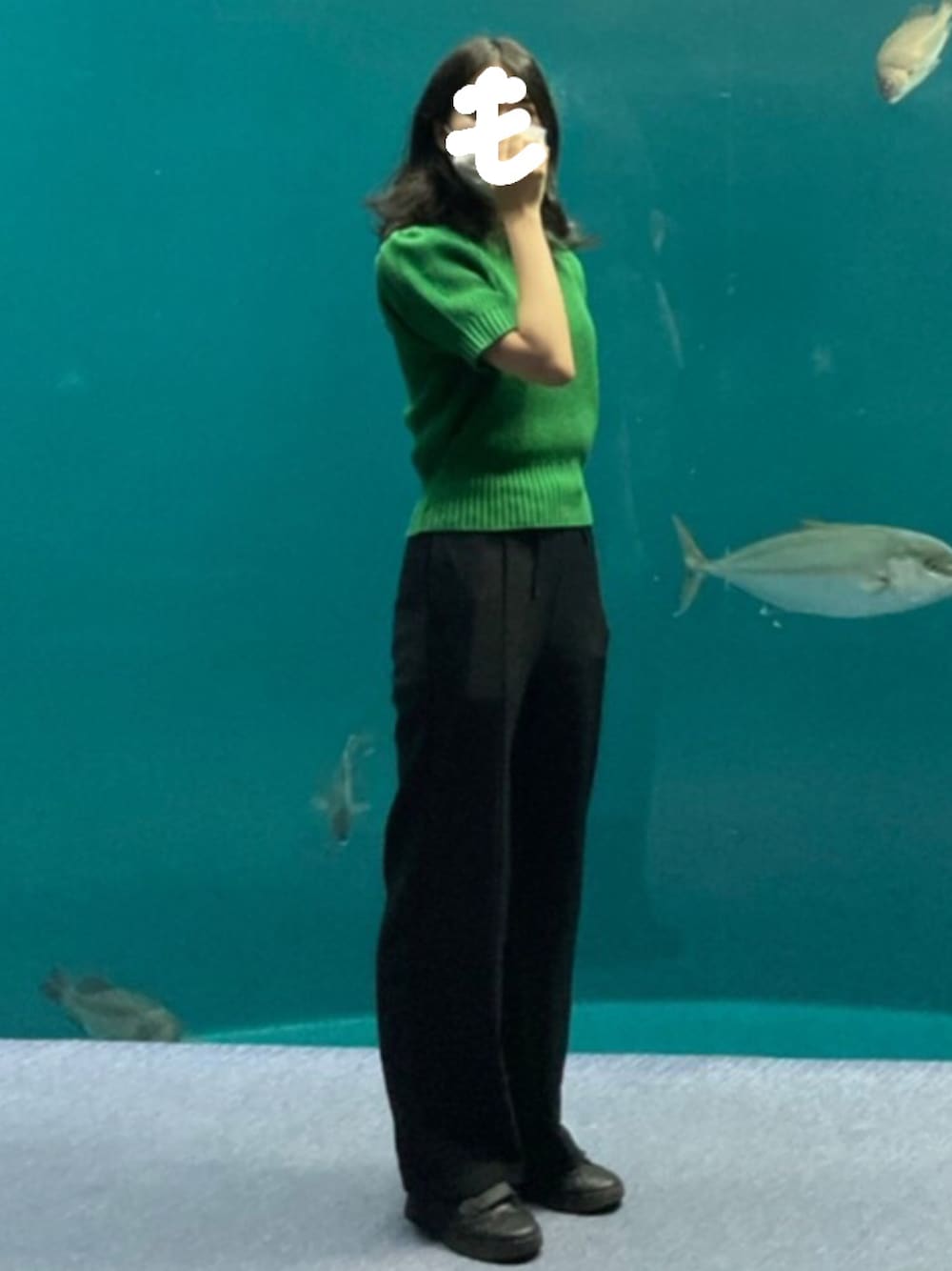 「水族館、グリーンコーデ、プチプラ、GU、nugu、秋服準備はじめました」｜「nuguのアイテム（ニット/セーター、グリーン系）」を使った、もちこさん（レディース・163cm）の秋コーディネートの1枚目の写真