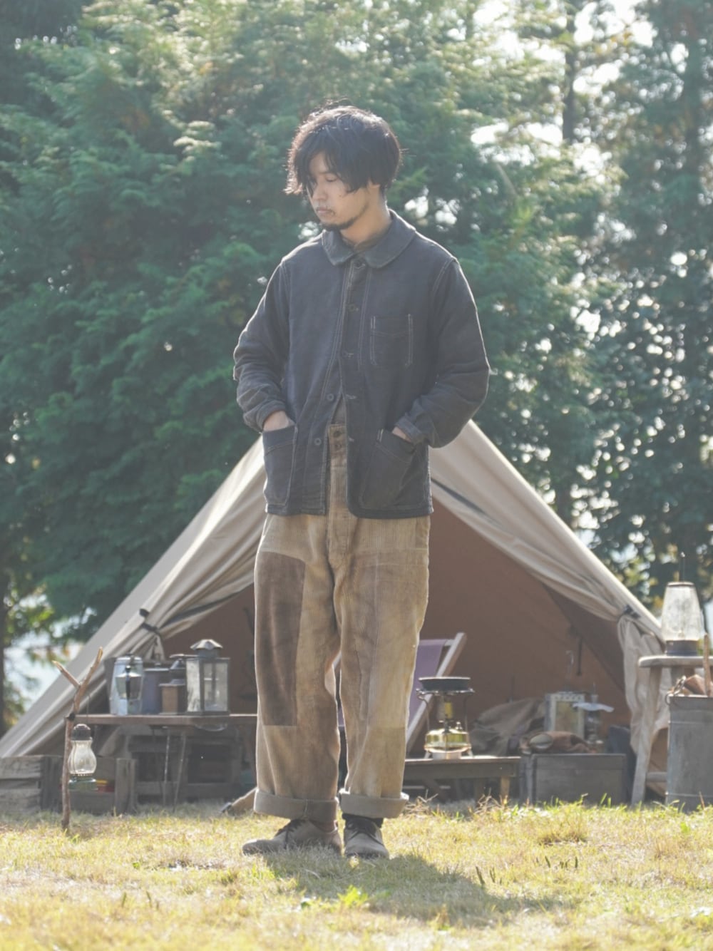 「フランスヴィンテージ、モンサンミッシェル、ブラックモールスキン、ヴィンテージ、古着、古着コーデ、vintage」｜「Le Mont Saint Michelの40sブラックモールスキン（カバーオール、ブラック系）」を使った、あむさん（メンズ・171cm）の春コーディネートの1枚目の写真