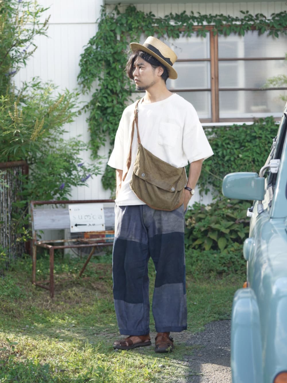 「カンカン帽、フレンチワーク、french army、frenchvintage、フランス軍、フランスヴィンテージ、french vintage、古着MIX、古着コーデ、古着好きな人と繋がりたい、古着」｜「VINTAGEのアイテム（その他パンツ、ブルー系）」を使った、あむさん（メンズ・171cm）の夏コーディネートの1枚目の写真