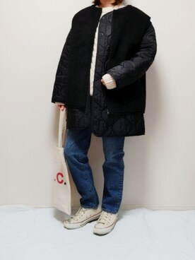 「ケーブルニット」｜「アイテム（ミリタリージャケット）」を使った、nonさん（レディース・158cm）の冬コーディネート
