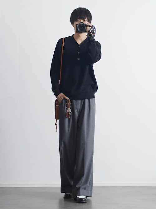 「ETELIO（エテリオ）のカシミヤ混Vネックヘンリーネックニット（ニット/セーター）」を使った、こーせ︎︎︎︎︎︎︎︎さん（メンズ・169cm）の秋コーディネート