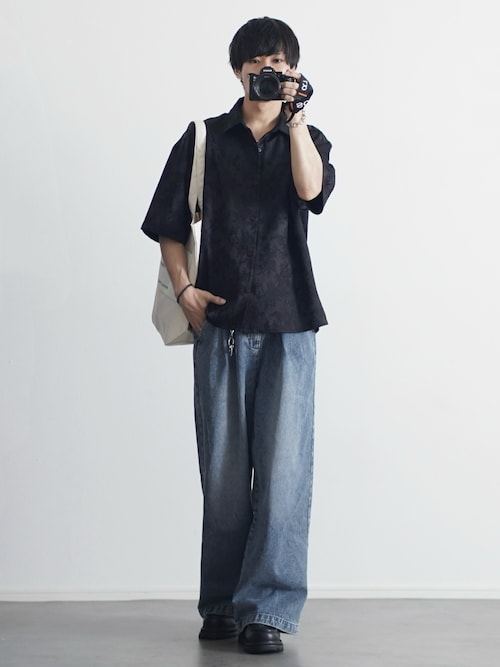 「ETELIO（エテリオ）の総柄ジャガードリラクシング半袖シャツ（シャツ/ブラウス）」を使った、こーせ︎︎︎︎︎︎︎︎さん（メンズ・169cm）の春コーディネート