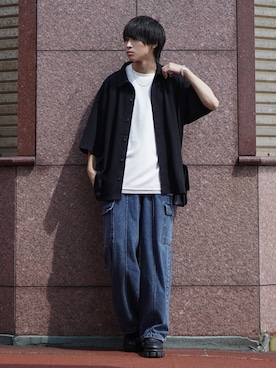 「ETELIO（エテリオ）の【2点セット】梨地ポケット付きクルービッグTシャツ＆ロングタンクトップアンサンブルセット（Tシャツ/カットソー）」を使った、こーせ︎︎︎︎︎︎︎︎さん（メンズ・169cm）の夏コーディネート