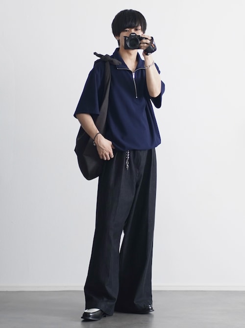 「ETELIO（エテリオ）の【26SS】梨地ハーフジップドローコードTシャツ（Tシャツ/カットソー）」を使った、こーせ︎︎︎︎︎︎︎︎さん（メンズ・169cm）の春コーディネート