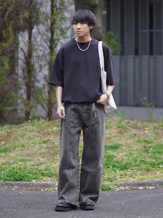 「ETELIO(エテリオ)のマルチファンクショナリーポンチドローコードTシャツ【接触冷感/抗ピリング/防シワ】(Tシャツ/カットソー)」を使った、こーせ︎︎︎︎︎︎︎︎さん(メンズ・169cm)の夏コーディネート