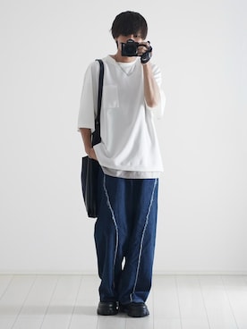 「ETELIO（エテリオ）の【2点セット】梨地ポケット付きクルービッグTシャツ＆ロングタンクトップアンサンブルセット（Tシャツ/カットソー）」を使った、こーせ︎︎︎︎︎︎︎︎さん（メンズ・169cm）の夏コーディネート