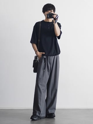 「ETELIO（エテリオ）のワッフルヘンリーネックドローコードTシャツ（Tシャツ/カットソー）」を使った、こーせ︎︎︎︎︎︎︎︎さん（メンズ・169cm）の夏コーディネート