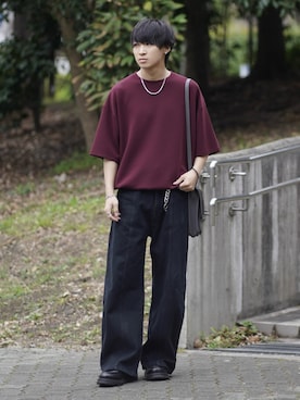 「ETELIO（エテリオ）のマルチファンクショナリーポンチドローコードTシャツ【接触冷感/抗ピリング/防シワ】（Tシャツ/カットソー、レッド系）」を使った、こーせ︎︎︎︎︎︎︎︎さん（メンズ・169cm）の春コーディネート