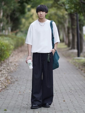 「ETELIO（エテリオ）のマルチファンクショナリードレープポンチTシャツ 【ドローコード付き】（Tシャツ/カットソー、ホワイト系）」を使った、こーせ︎︎︎︎︎︎︎︎さん（メンズ・169cm）の春コーディネート