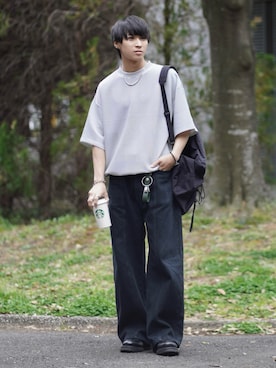 「ETELIO（エテリオ）のマルチファンクショナリーポンチドローコードTシャツ【接触冷感/抗ピリング/防シワ】（Tシャツ/カットソー、ホワイト系）」を使った、こーせ︎︎︎︎︎︎︎︎さん（メンズ・169cm）の春コーディネート