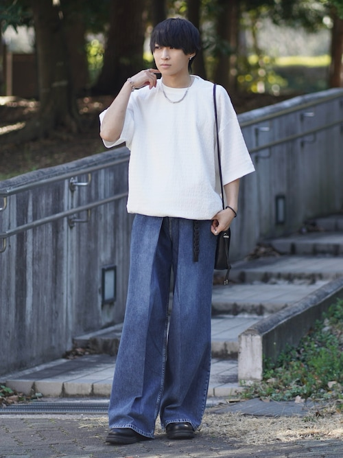 「JOHN LAWRENCE SULLIVAN（ジョンローレンスサリバン）のJOHN LAWRENCE SULLIVAN WASHED DENIM WIDE PANTS (JLS-02-22-S)（デニムパンツ）」を使った、こーせ︎︎︎︎︎︎︎︎さん（メンズ・169cm）の春コーディネート