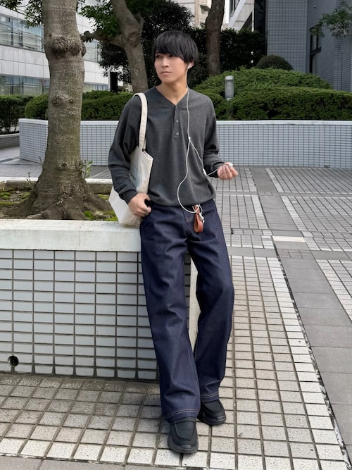 「ETELIO（エテリオ）のカシミヤ混Vネックヘンリーネックニット（ニット/セーター）」を使った、こーせ︎︎︎︎︎︎︎︎さん（メンズ・169cm）の秋コーディネート
