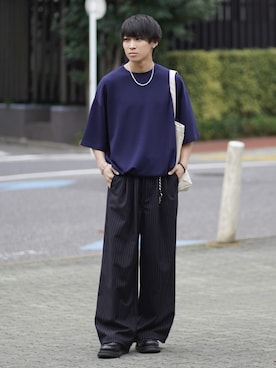 「ETELIO（エテリオ）のマルチファンクショナリーポンチドローコードTシャツ【接触冷感/抗ピリング/防シワ】（Tシャツ/カットソー、ブルー系）」を使った、こーせ︎︎︎︎︎︎︎︎さん（メンズ・169cm）の春コーディネート