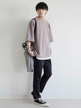 「ETELIO（エテリオ）の【2点セット】梨地ポケット付きクルービッグTシャツ＆ロングタンクトップアンサンブルセット（Tシャツ/カットソー）」を使った、こーせ︎︎︎︎︎︎︎︎さん（メンズ・169cm）の夏コーディネート