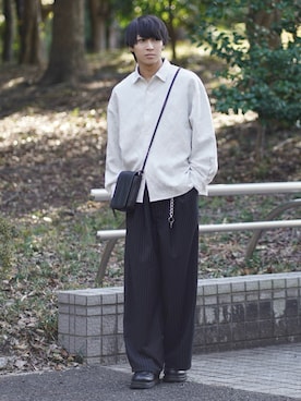 「ETELIO（エテリオ）の総柄ジャガードリラクシングシャツ（シャツ/ブラウス、ホワイト系）」を使った、こーせ︎︎︎︎︎︎︎︎さん（メンズ・169cm）の春コーディネート
