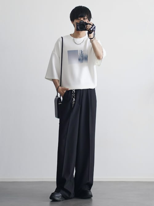 「ETELIO（エテリオ）のマルチファンクショナリーポンチドローコードTシャツ【接触冷感/抗ピリング/防シワ】（Tシャツ/カットソー）」を使った、こーせ︎︎︎︎︎︎︎︎さん（メンズ・169cm）の夏コーディネート