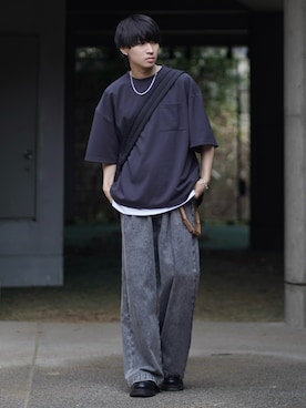 「ETELIO（エテリオ）の【25SS】【2点セット】接触冷感/抗菌防臭　梨地ポケット付きクルービッグTシャツ＆ロングタンクトップアンサンブルセット リニューアル（Tシャツ/カットソー、グレー系）」を使った、こーせ︎︎︎︎︎︎︎︎さん（メンズ・169cm）の春コーディネート