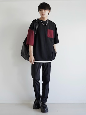 「ETELIO（エテリオ）の【2点セット】梨地ポケット付きクルービッグTシャツ＆ロングタンクトップアンサンブルセット（Tシャツ/カットソー）」を使った、こーせ︎︎︎︎︎︎︎︎さん（メンズ・169cm）の夏コーディネート