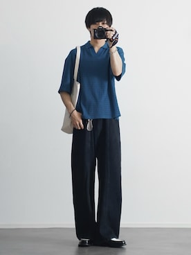 「ETELIO（エテリオ）のシャーリングスキッパーポロシャツ（ポロシャツ、グレー系）」を使った、こーせ︎︎︎︎︎︎︎︎さん（メンズ・169cm）の春コーディネート
