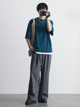 「ETELIO（エテリオ）の【26SS】【2点セット】接触冷感/抗菌防臭  梨地Tシャツ＆タンクトップアンサンブルセット（Tシャツ/カットソー、ブルー系）」を使った、こーせ︎︎︎︎︎︎︎︎さん（メンズ・169cm）の春コーディネート