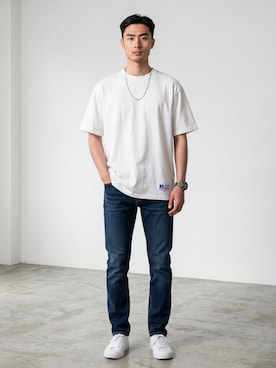 「Russell Athletic（ラッセルアスレティック）のRUSSELL ATHLETIC / ラッセルアスレティック PRO COTTON Jersey T ヘビーウェイト メンズ 半袖 Tシャツ 2026年 夏 夏服（Tシャツ/カットソー、ホワイト系）」を使った、mikiさん（メンズ・178cm）の夏コーディネート
