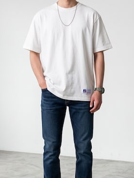 「Russell Athletic（ラッセルアスレティック）のRUSSELL ATHLETIC / ラッセルアスレティック PRO COTTON Jersey T ヘビーウェイト メンズ 半袖 Tシャツ 2026年 夏 夏服（Tシャツ/カットソー、ホワイト系）」を使った、mikiさん（メンズ・178cm）の夏コーディネート