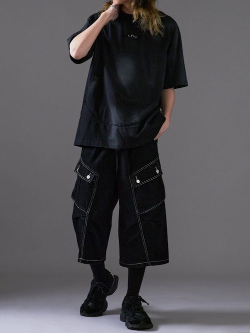 セール】White Stitching Half Cargo Denim Pants/ホワイト