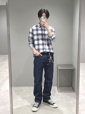 「TOWNCRAFT（タウンクラフト）のTOWNCRAFT/タウンクラフト RPINTED COTTON NEL CHECK SHIRT プリントネル オンブレチェック ネルシャツ ボックスシルエット メンズ カジュアル アメカジ 2026年秋冬 秋服（シャツ/ブラウス、パープル系）」を使った、mikiさん（レディース・162cm）の秋コーディネート