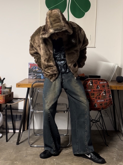 adidem asterisks スタッズ ブラックデニムパンツ 超美品 Studs Design Rigid Curve Denim / スタッズデザインリジット