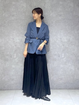「A part by（アパートバイ）の【多機能・Sサイズ展開】リネンライクシングルジャケット（ノーカラージャケット、ブルー系）」を使った、RYOKOさん（レディース・158cm）の春コーディネート