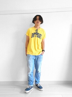 「EMPTYKRAFTのアイテム（Tシャツ/カットソー、イエロー系）」を使った、kenta/emptykraftさん（メンズ・168cm）の夏コーディネート