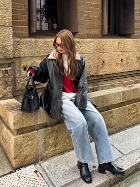 「アイテム（ライダースジャケット）」を使った、chii___ca♡さん（レディース・161cm）の秋コーディネート