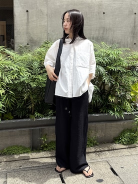 「reca（レカ）の【ZOZOTOWN限定】バンドカラードルマンシャツ（シャツ/ブラウス）」を使った、recastaffさん（レディース・154cm）の夏コーディネート