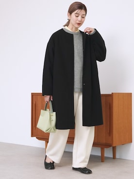 「reca（レカ）のノーカラーロングコート（ノーカラーコート、ブラック系）」を使った、recastaffさん（レディース・158cm）の秋コーディネート