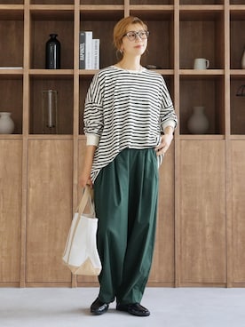 「reca（レカ）のボーダービッグTシャツ（Tシャツ/カットソー、ブラック系）」を使った、recastaffさん（レディース・158cm）の秋コーディネート