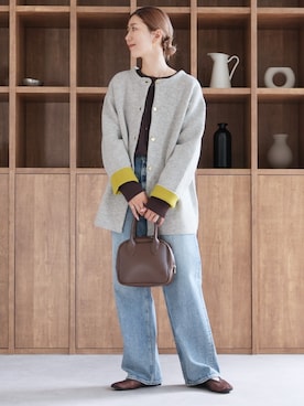 「reca（レカ）のWフェイスニットコート（ノーカラーコート、グレー系）」を使った、recastaffさん（レディース・158cm）の秋コーディネート