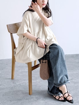 「reca（レカ）の【接触冷感】フレンチフリル袖ワイドカットソー（Tシャツ/カットソー）」を使った、recastaffさん（レディース・154cm）の春コーディネート