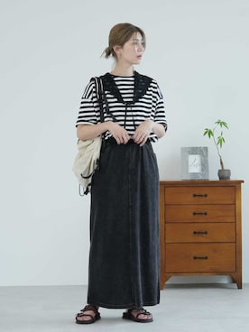 「reca（レカ）のストレッチデニムスカート（デニムスカート、ブラック系）」を使った、recastaffさん（レディース・158cm）の夏コーディネート